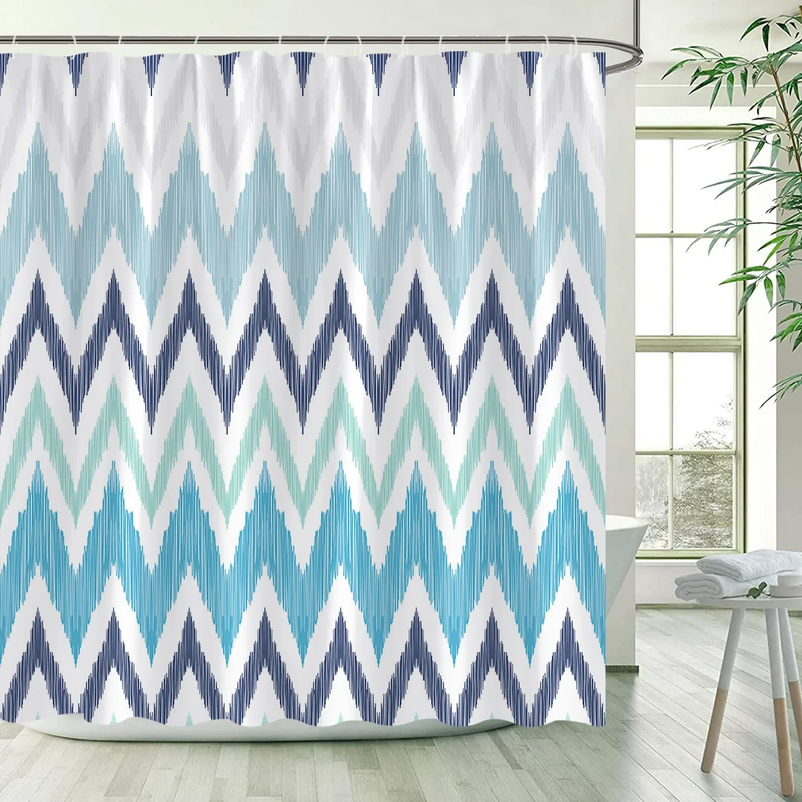 Abstract Waves Striped Shower Curtains Modern Minimalist Blue White Geometric Bath Curtain Polyester Fabric Bathroom Decor Hooks