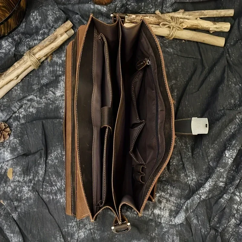 Men's Thick Genuine Cow Leather Business Briefcase, 15" Laptop Tote with Shoulder Strap, Genuine Leather Briefcase