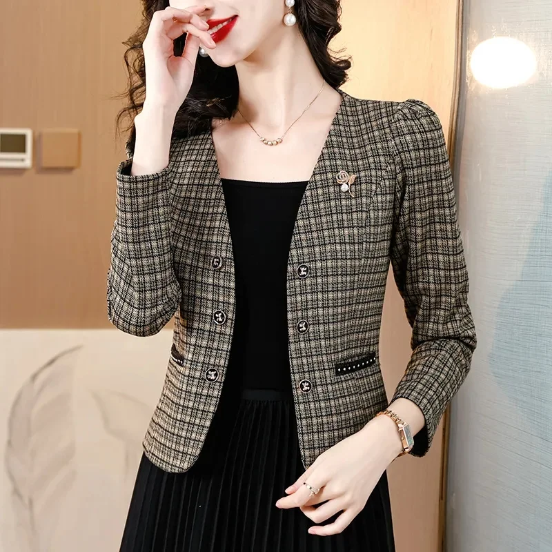 2024 Fashion Plaid Tweed Short Jacket Women's Woolen Suit Coat Spring Autumn V-neck Slim Small Blazers Lady Casual Top Outerwear