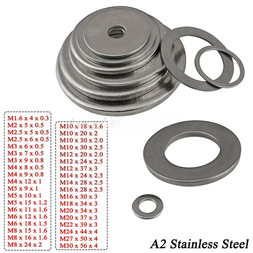 

304 Stainless Steel Washers M1.6 - M30 Flat Washers Thick 0.3mm - 4mm Metal Screws Corrosion Resistant High Pressure Resistant