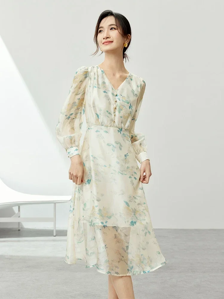 

SENTUBILA V-neck Print Dresses for Women's 2025 Spring New Fashion A-line Elegant Retro Style Dress for Women 141L54203X