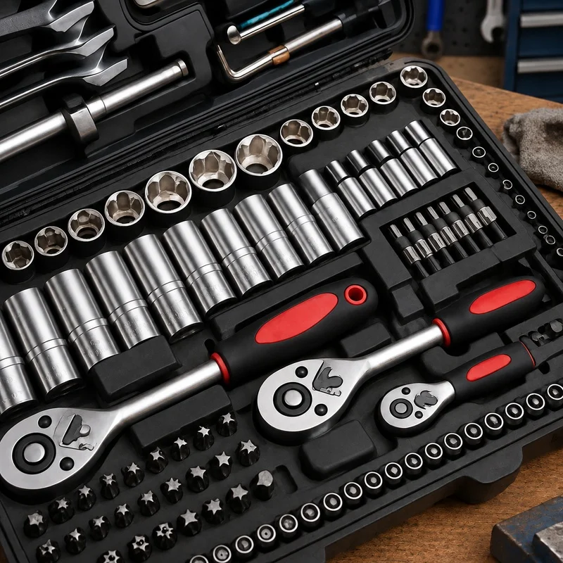 46-Piece Chrome Vanadium Steel Socket Set with Ratchet, Extensions, and Storage Case for Car and Home Repairs