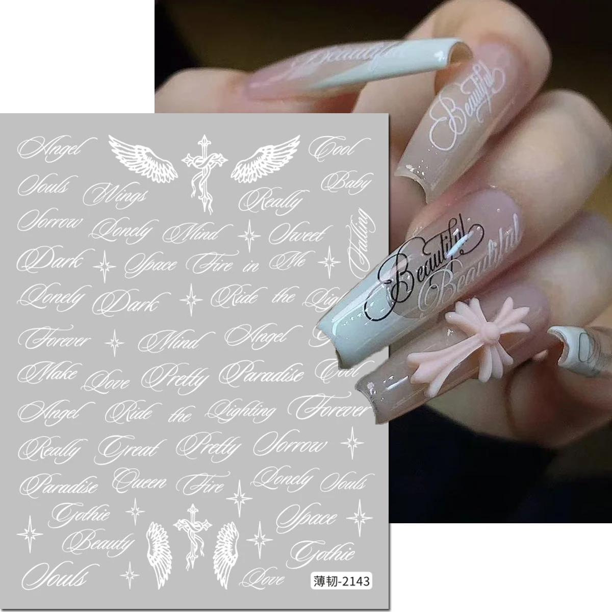 1-6 Stück weiße Gothic-Buchstaben Nagelkunst-Aufkleber Y2K Kursivschrift Englische Kalligraphie Engelsflügel Kreuz Stern Nagelaufkleber Maniküre DIY – Detail 2