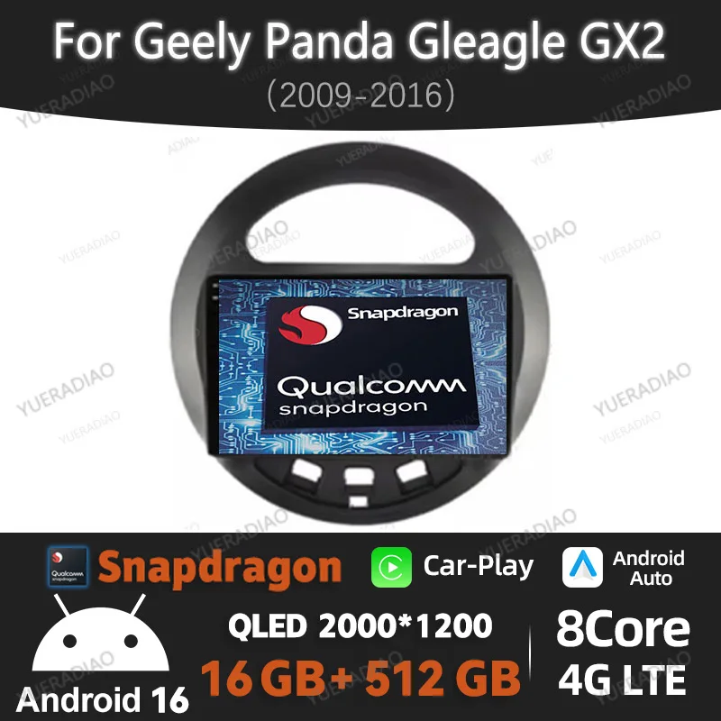 Android 16 Head Unit For Geely Panda Gleagle GX2 LC Kandi 2009 - 2016 Multimedia Video Player GPS NAVI 4G WIFI Carplay Auto QLED
