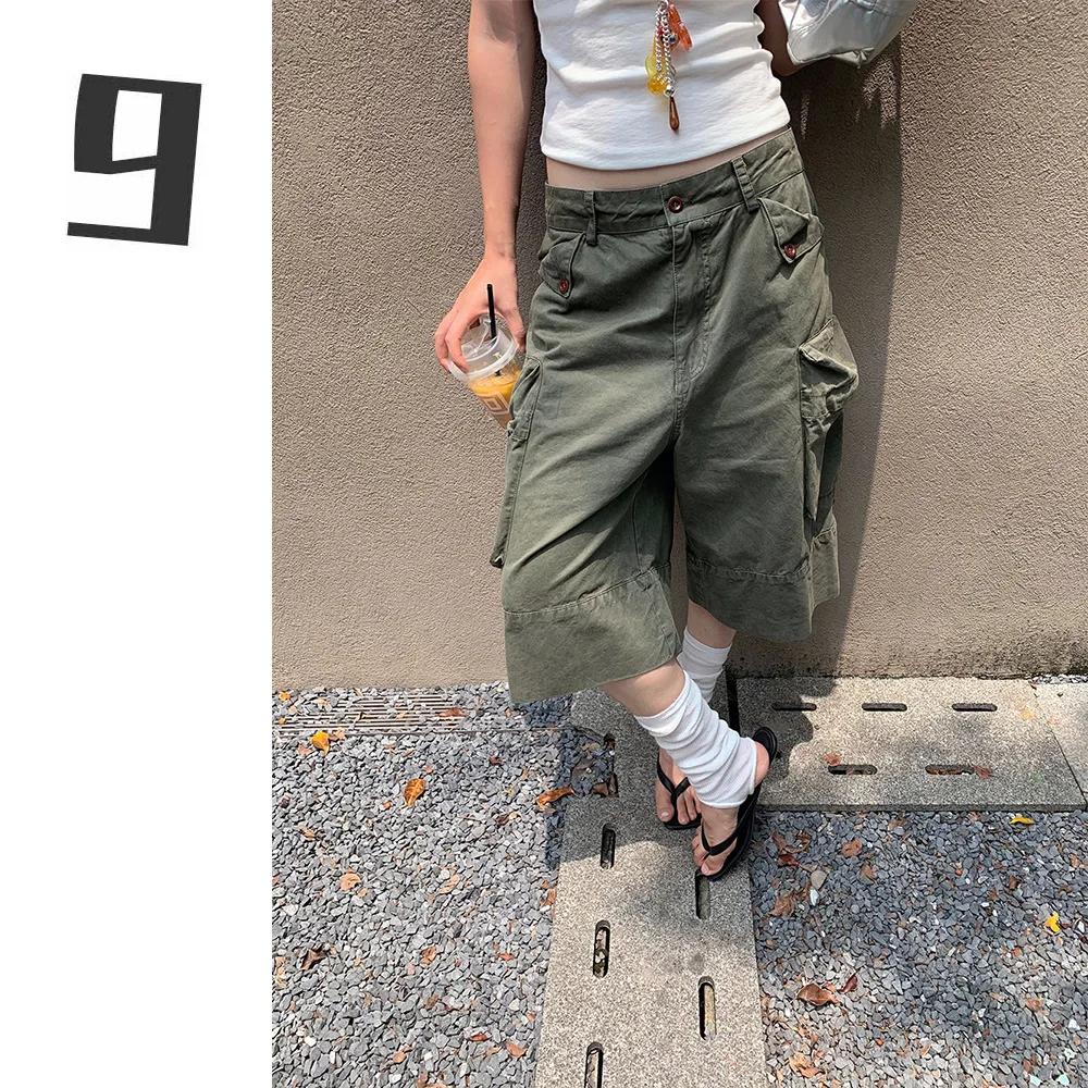 Calças de brim de carga mulheres na altura do joelho calças de perna larga cintura baixa vários bolsos vintage lavado angustiado streetwear verão 2025 denims