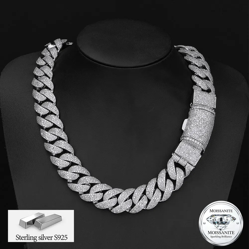 ESKEEM High Quality Men's 22mm Round Brilliant Cut Moissanite Cuban Link Chain Necklace 925 Sterling Silver Luxury Jewelry
