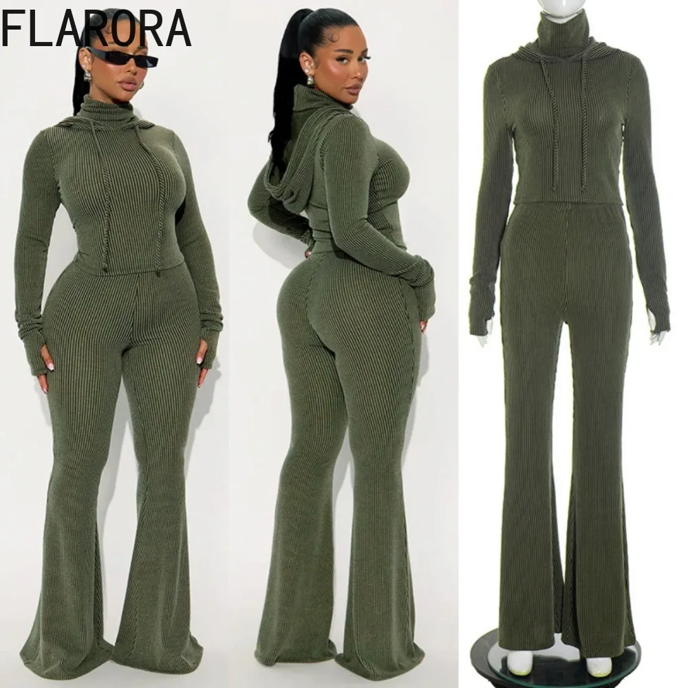 FLARORA 가을 캐주얼 스포티 2피스 세트 여성용 스트라이프 긴팔 후드 풀오버와 플레어 팬츠 패션 스트리트 트랙수트