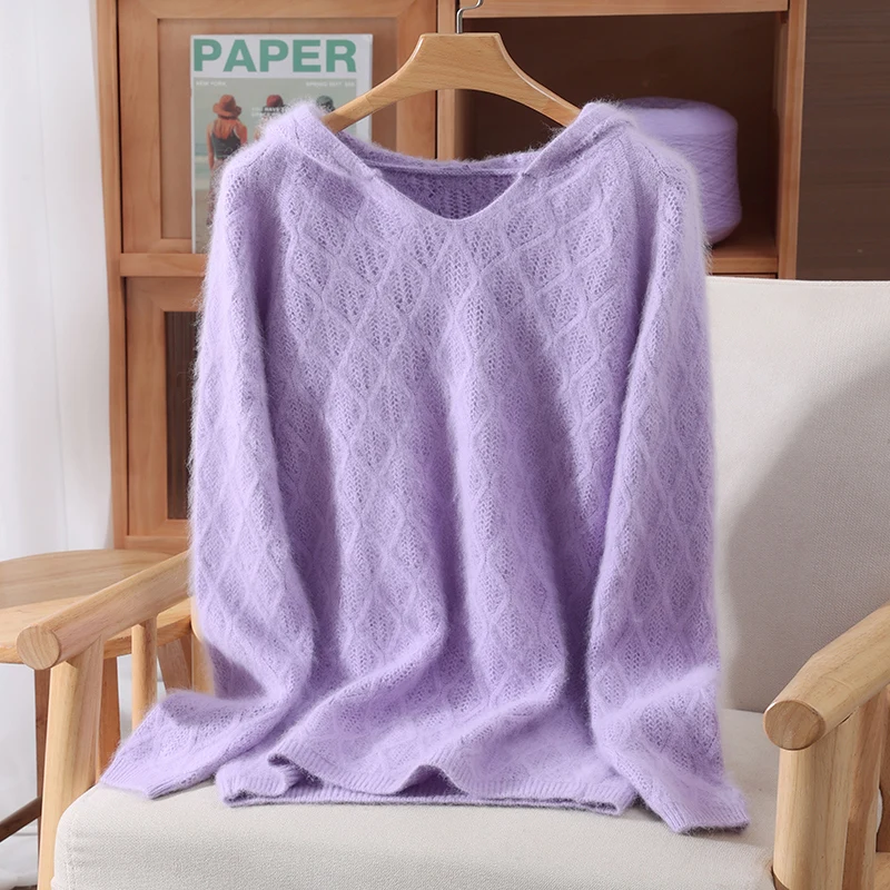 

Basic 100% Mink Cashmere Casual Solid Color Hooded Sweater Pullover Long Sleeves Women Warm Soft Comfortable Clothing Top