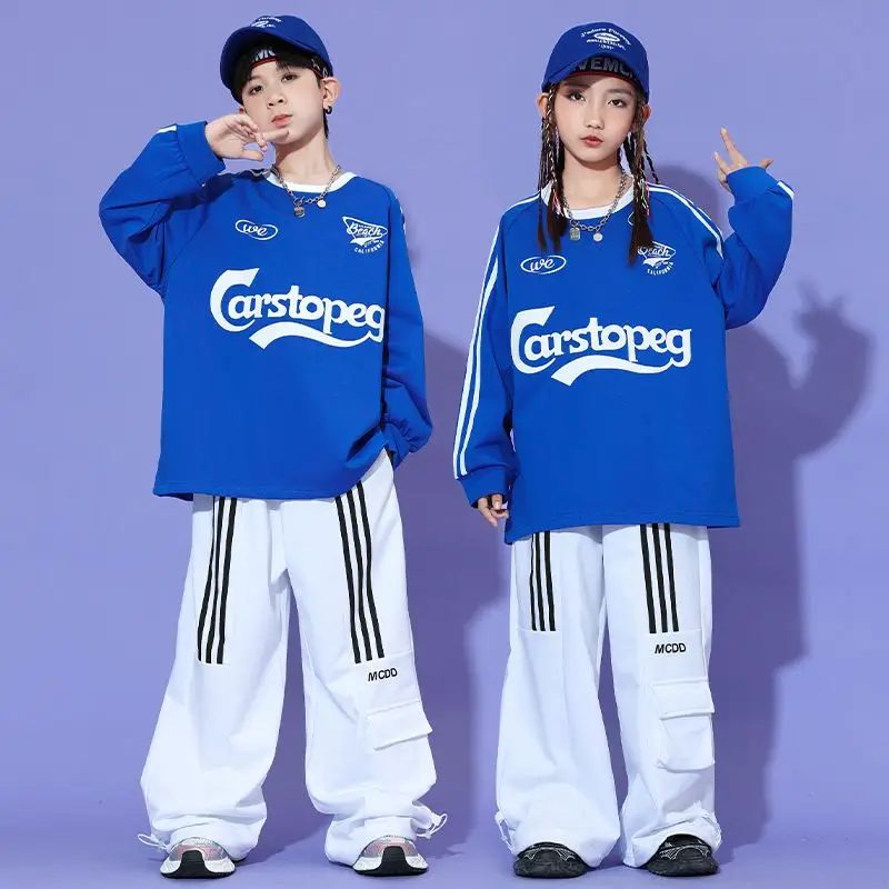 Kids Hip Hop Dance Performance Set Girls Stage Performance Fashion Blue Top Boys Dance Costumes