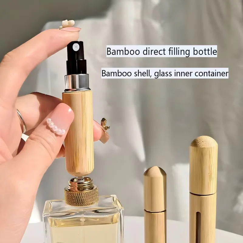 Bamboo‑Shell Perfume Refillable Spray Bottle, 0.17oz / 0.27oz Portable mini Empty Perfume Bottle, Easy to Fit in Bags or Pockets