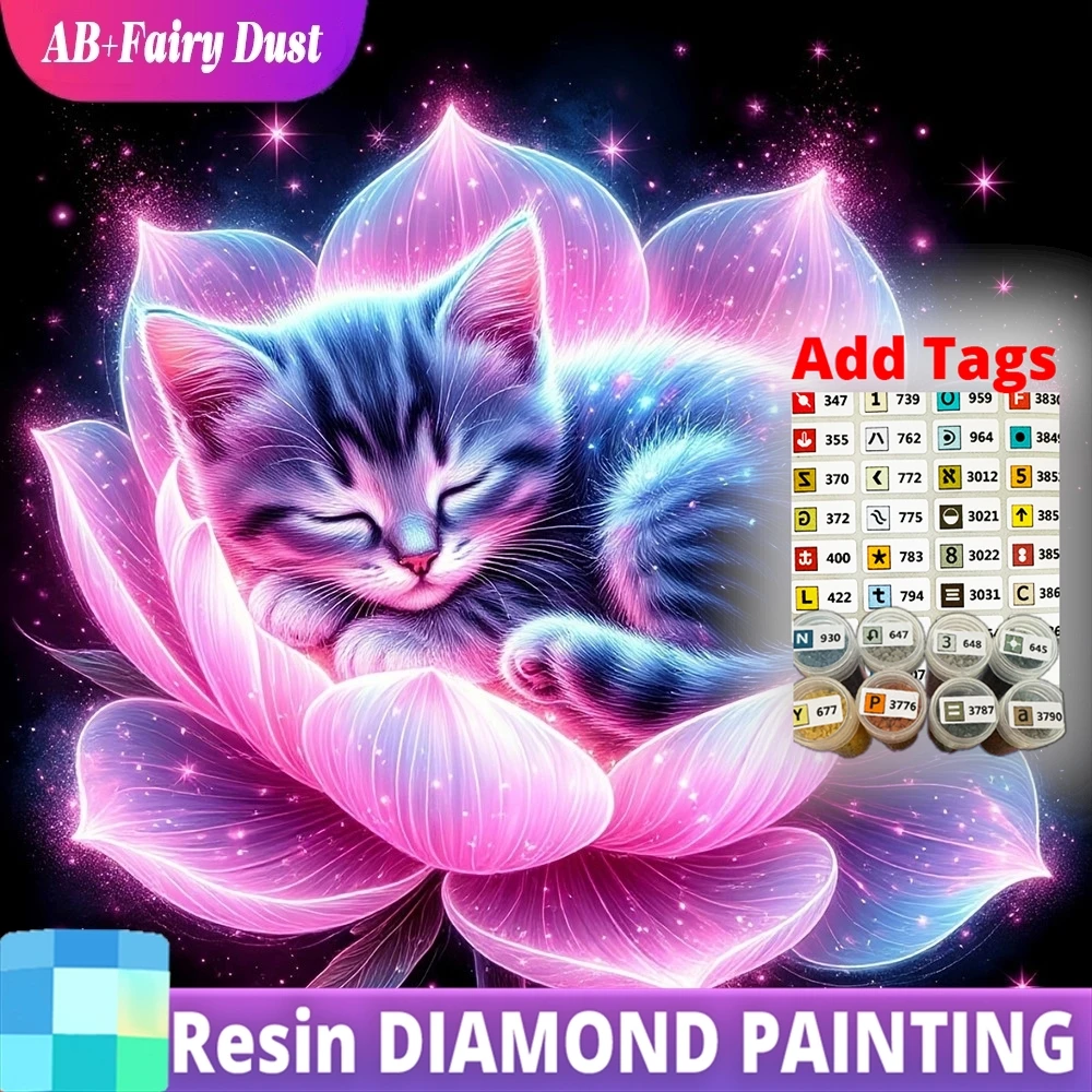 AB Fairy Dust Resin Diamond Painting Kitten DIY 5D Full Square Round Drill Mosaic Cat Animal Embroidery Flower Lotus Home Decora