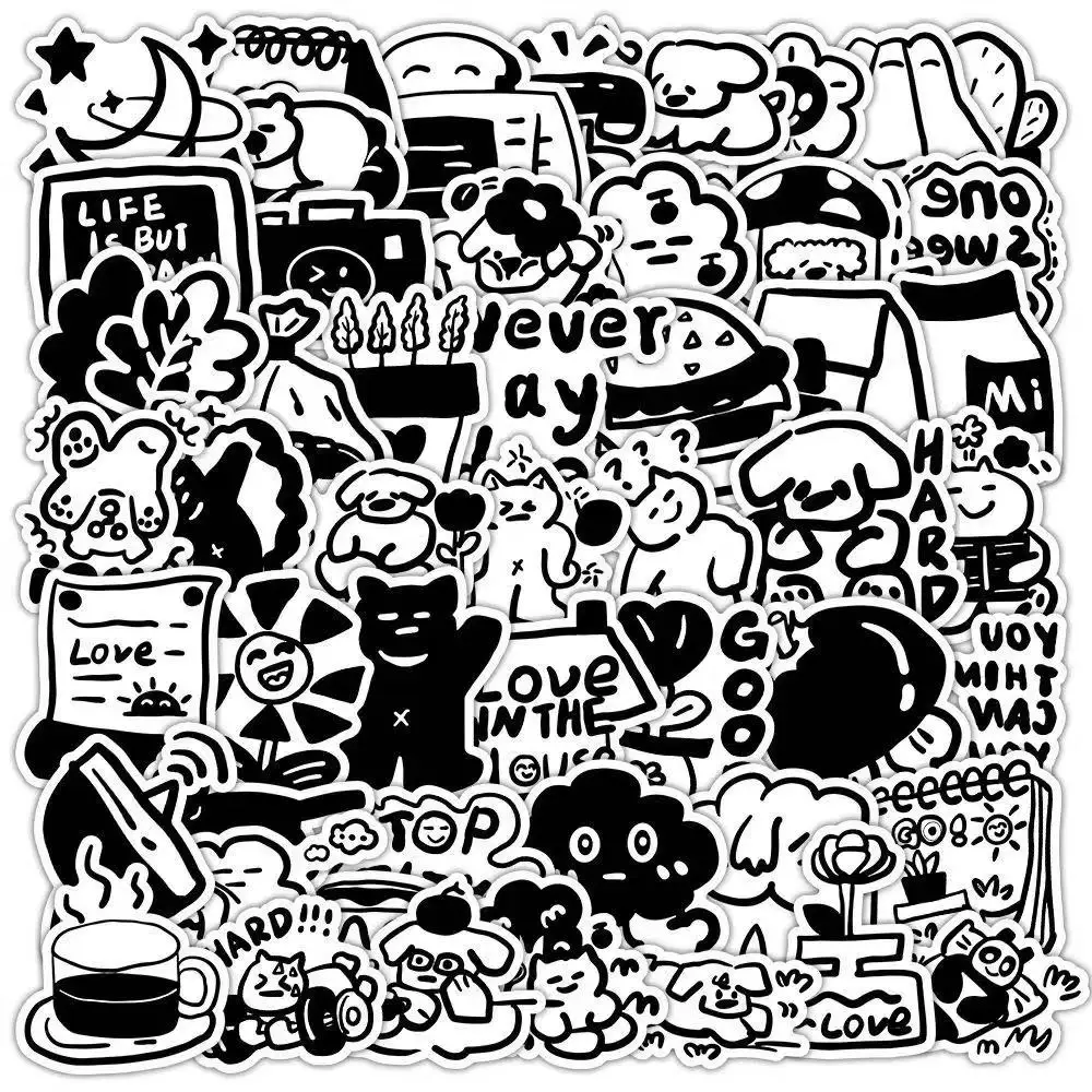 10 or 180 Pieces Ins-style Black & White Korean Doodle Cute Stickers. Simple, Creative & Unique Decals for Phone Decoration