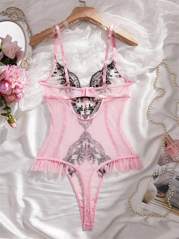 Women's Lingerie Pink Mesh Slimming Bodysuit Delicate Floral Embroidered Jumpsuit Romantic Sleeveless Polka Dot Sexy Bodysuit image 3