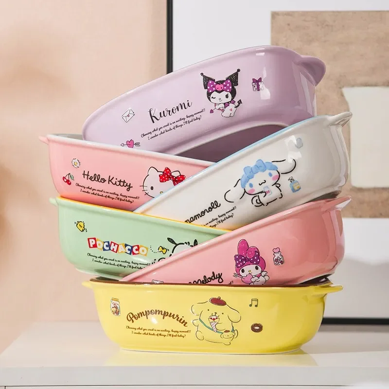 Sanrio Hello Kitty Kuromi Anime Kawaii Ceramic Baking Bowl Cute Cartoon Cinnamoroll Household Salad Dessert Plate Gifts Toys