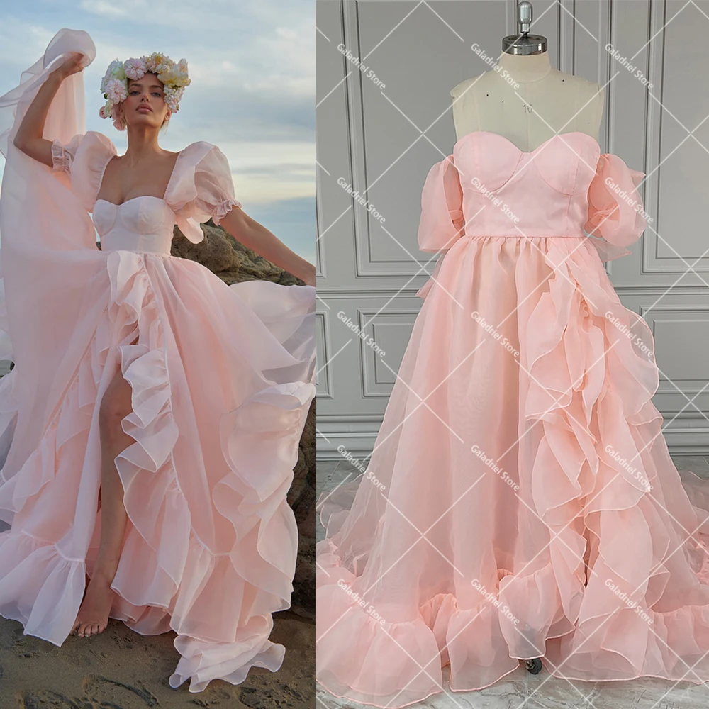 

High Low Ruffled Organza Prom Dress Boho Short Puffy Sleeves Drop Ship Plus Size Princess Square Neck Photography Evening Gowns