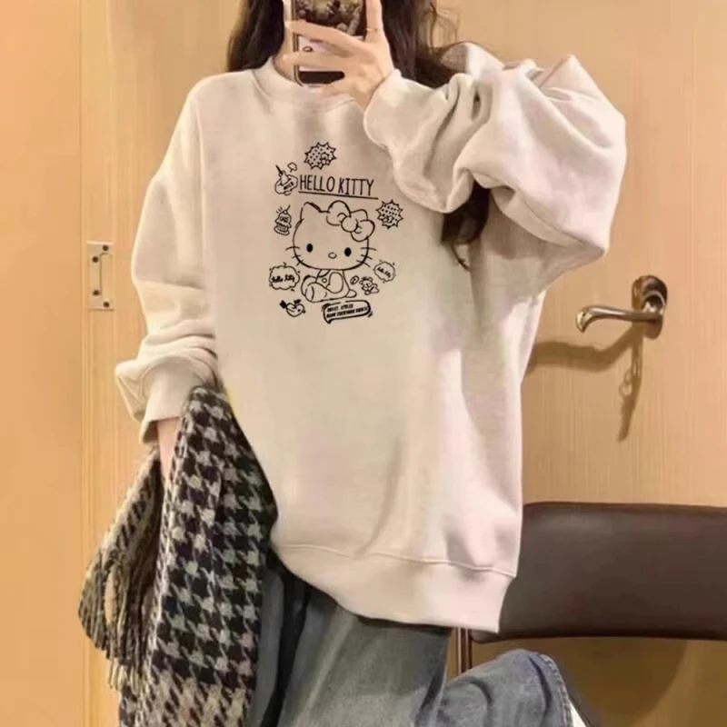 

Sanrio Series Printed Crew Neck Long-Sleeve Top, Cute and Warm Fleece-Lined Crew Neck Long-Sleeve T-Shirt, 100% Cotton