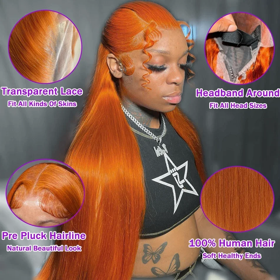 36 pollici arancione zenzero 13x6 hd parrucche frontali in pizzo capelli umani 13x4 parrucche anteriori in pizzo dritto capelli umani parrucche