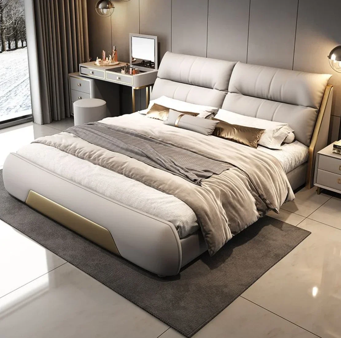 

#s Luxury Style Bedroom King Size Bed European Style High Quality Solid Wood Double Bed Soft Headboard Leather Bed