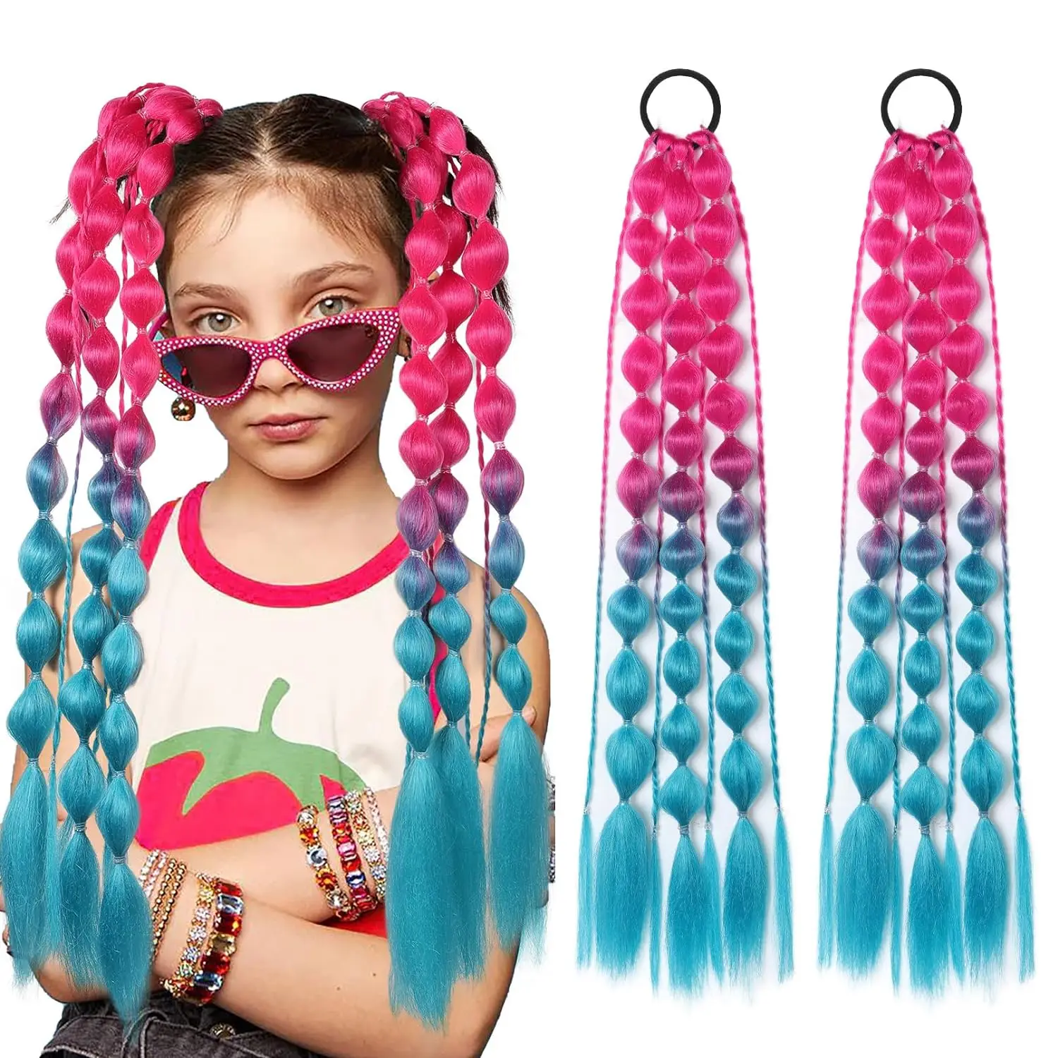 Synthetic 2Pcs Lightweight Colored Hair Extensions for Kids Bubble Ponytail with Hair Tie Ombre Crazy Hair Day Accessories