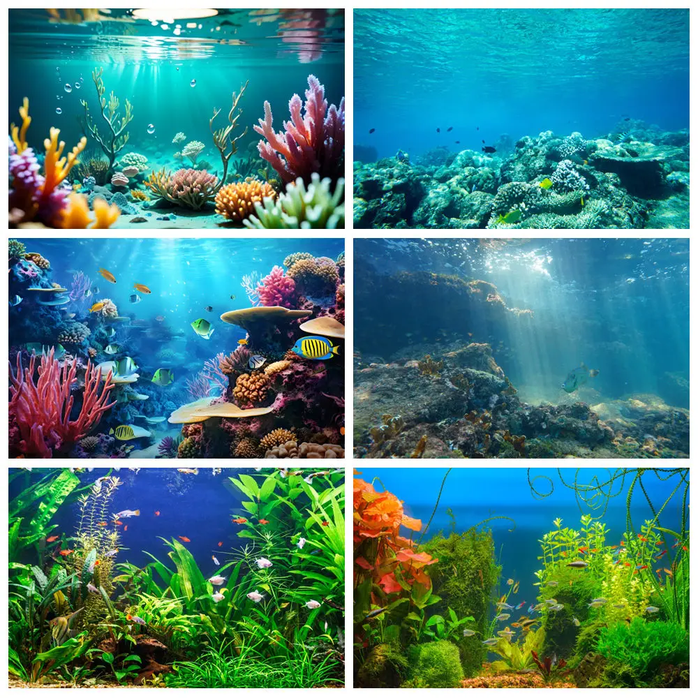 

Underwater World Seabed Photography Backdrop Undersea Fish Marine Coral Aquarium Seaweed Baby Portrait Photo Background Banner