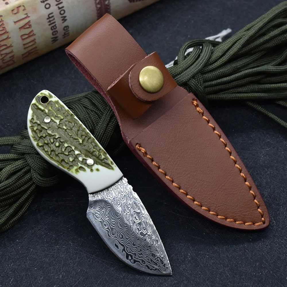 

Small Damascus Steel Pocket Knife For Men High Quality Fixed Blade Knife With Leather Sheath Cool Outdoor Camping Hunting Knives