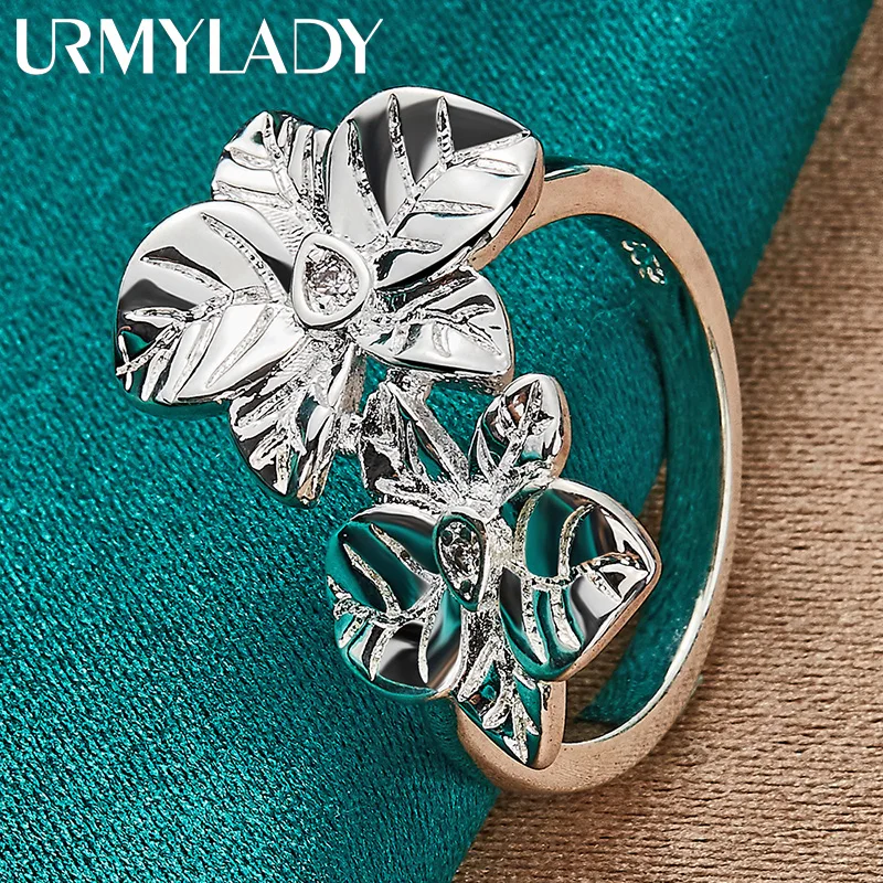 

URMYLADY 925 Sterling Silver Double Flower 7-10 # Ring For Women Wedding Party Fashion Charm Jewelry