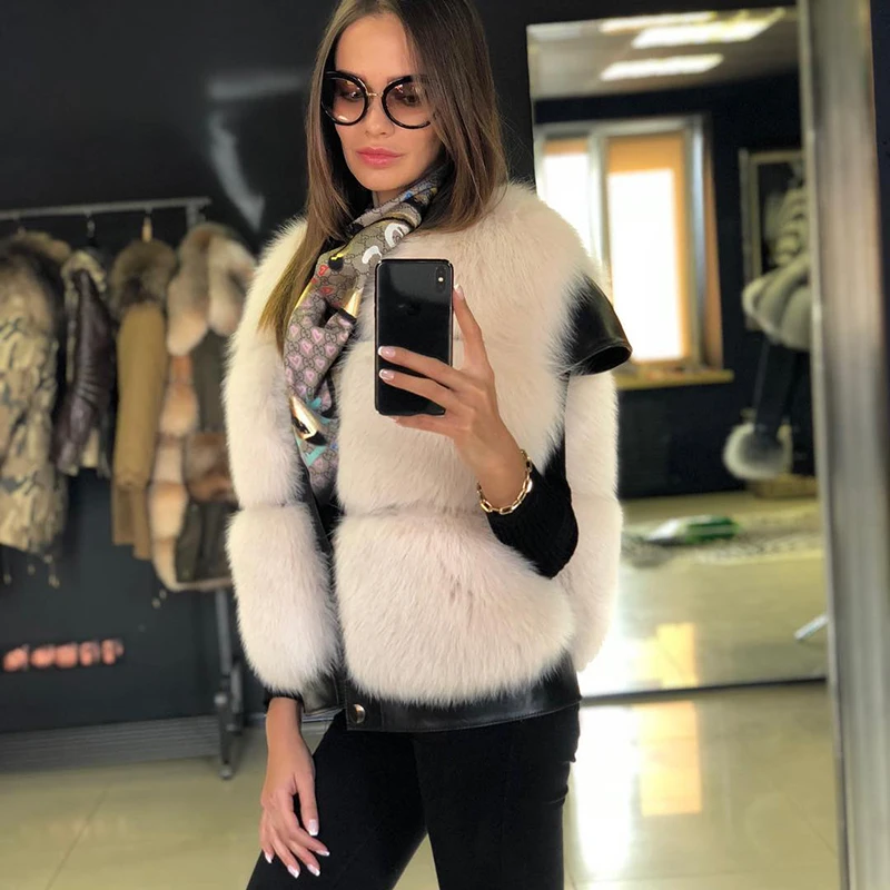 Natural Real Sheepskin Patchwork Fox Fur Vest Women Sleeveless O-neck Outertwear Winter High Street Fox Fur Tank Top Lady