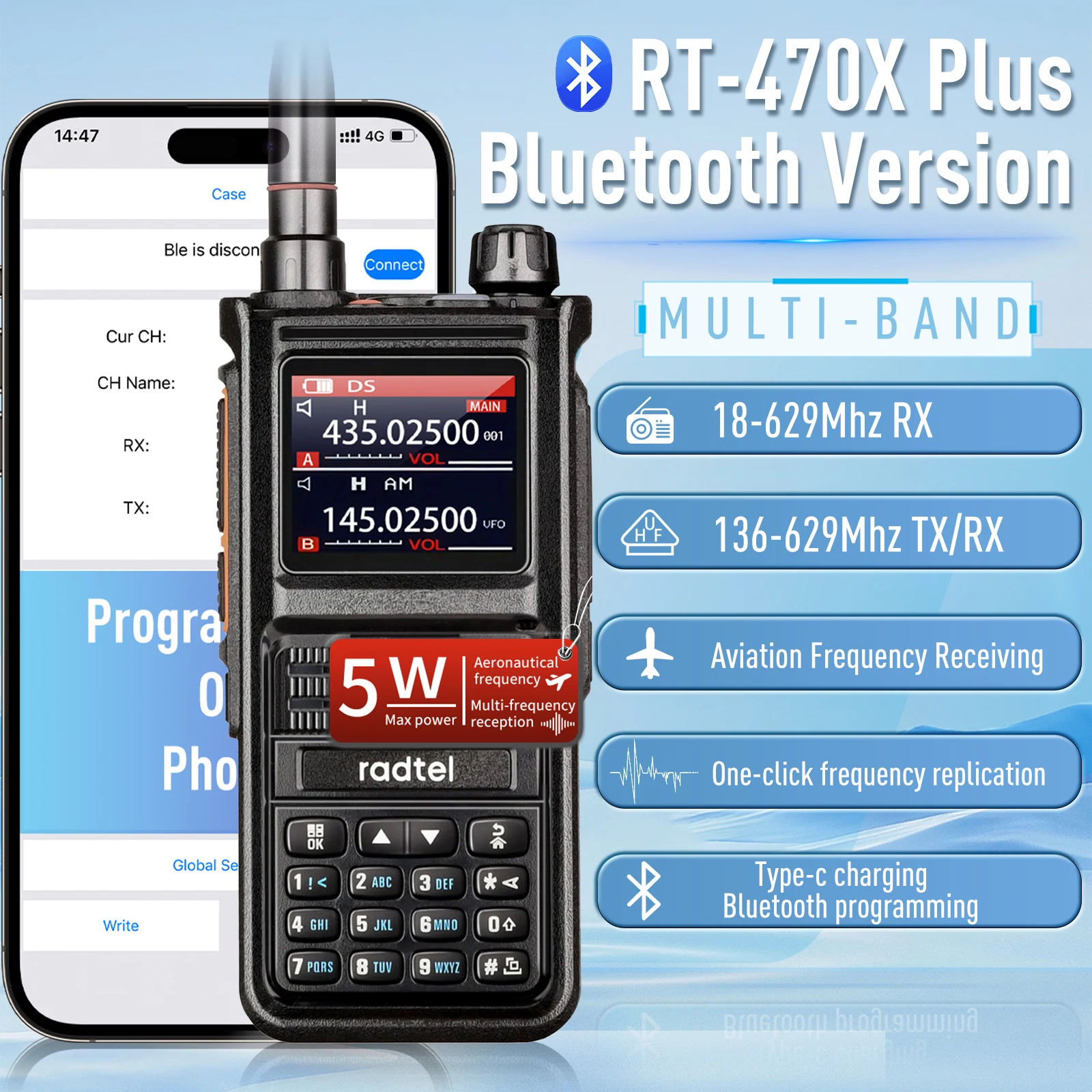 Radtel RT-470X Multi-bands Ham Walkie-Talkies 256CH Air Band Two Way Radio Station Aviation NOAA Police Marine Transceiver PTT