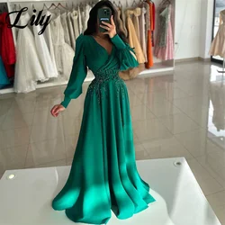 Lily V-Neck Evening Gown A-Line Sexy Elegant Prom Dresses with Pleats Satin Green Regular Sleeve Evening Dresses robes de soirée