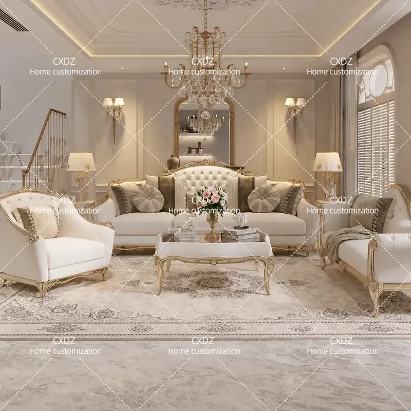 Solid Wood Sofa Set Light Luxury Romantic Carved Fabric 3 Seater Couch Elegant Court Style Living Room Furniture