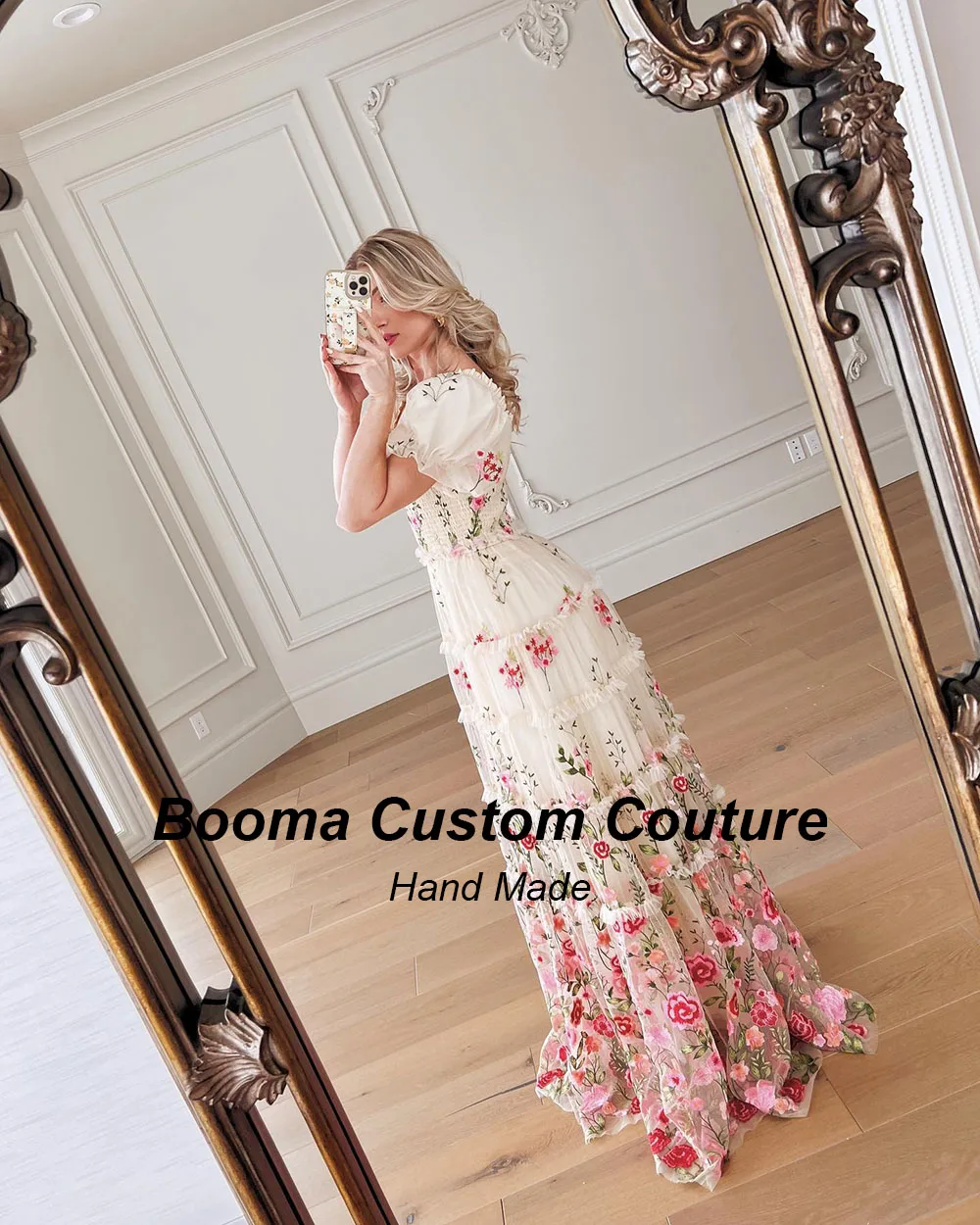 Booma Embroidery Lace A Line Prom Dresses Boat Neck Ruched Tulle Party Prom Gowns Floor Length Floral Evening Dresses for Women