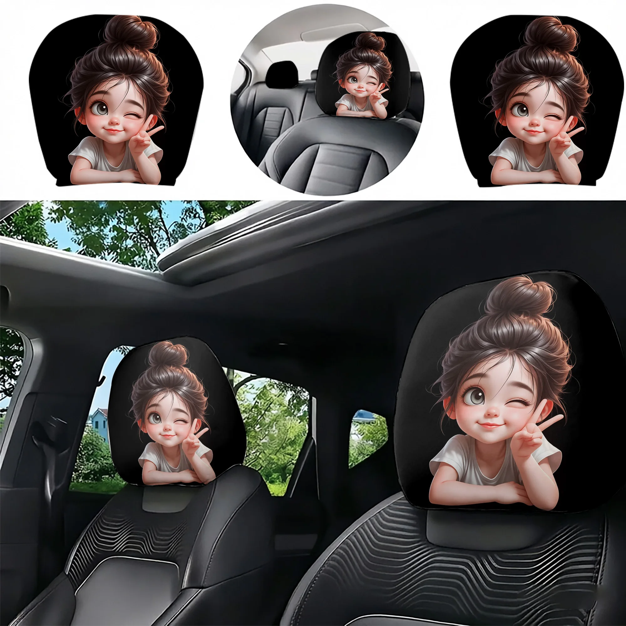 2pcs Cute Anime Girl Car Headrest Covers, adding a touch of fashion to your car’s interior. Filling not included. Easy to instal