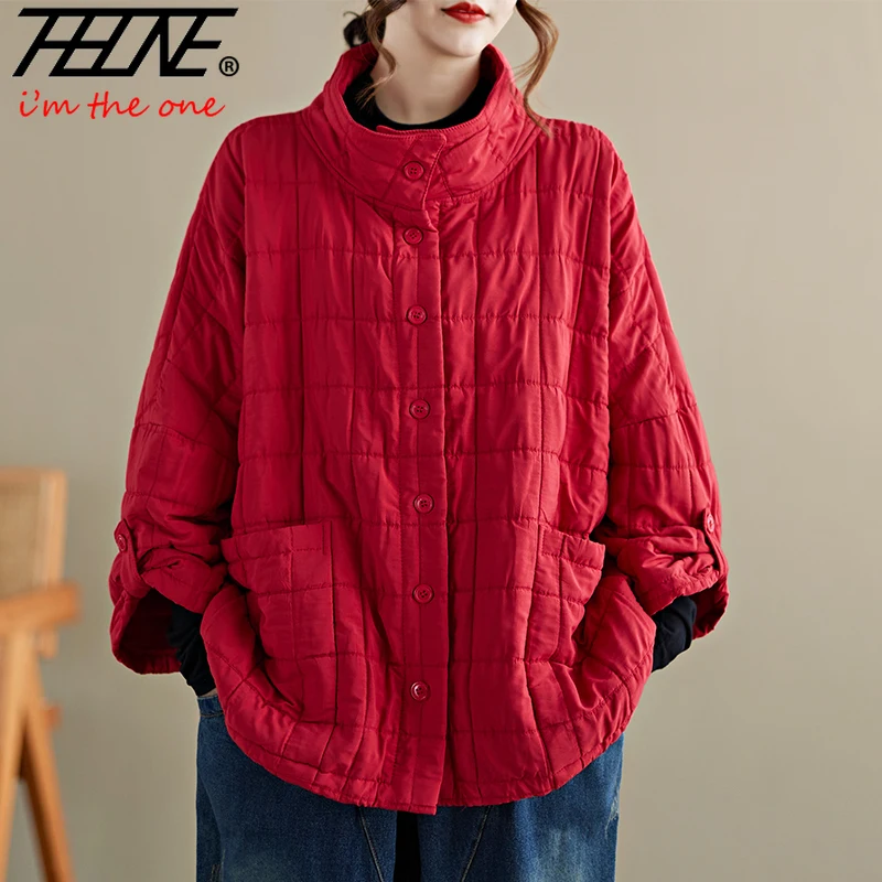 THHONE New Autumn Winter Jacket Parkas Women Loose Casual Single Breasted Thicken Red Plaid Women's Clothes Coats Outerwear Tops