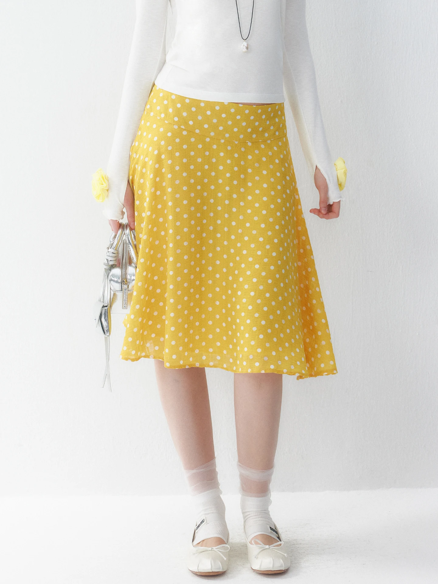  plus Polka Dot A-Line  Skirt for Women Yellow High Waist Skin-Friendly Breathable Polyester Fiber Summer New Arr...