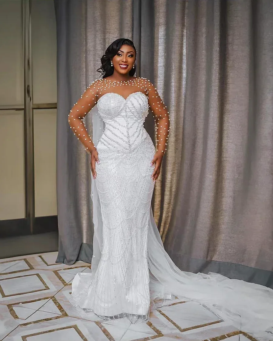 

On Zhu Customized Pearls Plus Size Mermaid Wedding Gowns Detachable Train Lace Appliques Bridal Dresses Long Sleeves Robe De