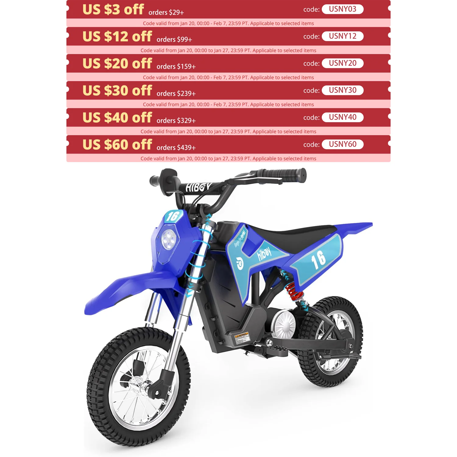 

Hiboy 36V&300W Electric Motorcycle - Up to 15.5MPH & 13.7 Miles Long-Range, 3-Speed Modes Electric Dirt Bike for Kids Ages 3-10