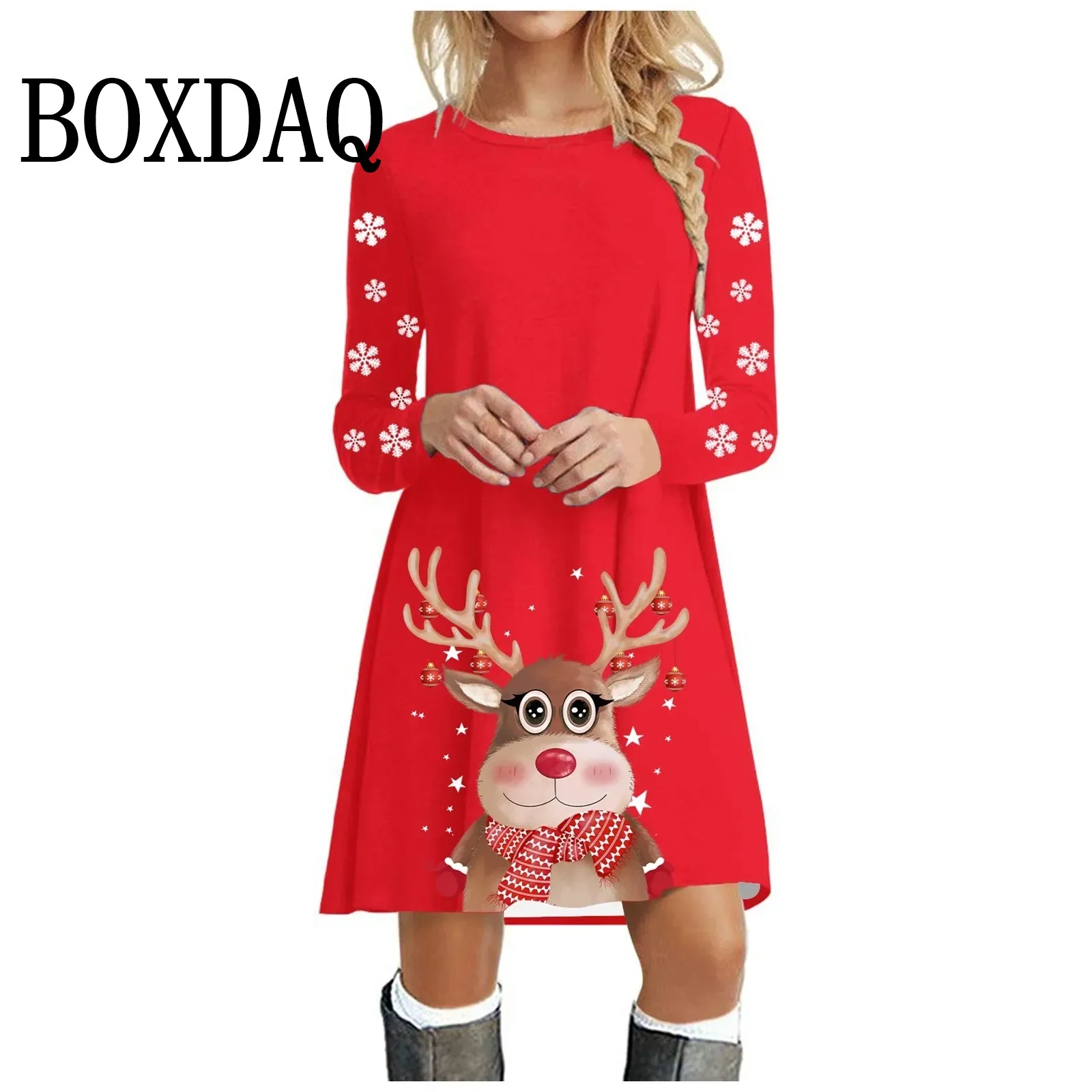 Long Sleeve Crew Neck Christmas Dress Funny Cute Deer Printed Fashion Cocktail Dresses Women Party Loose Festive A-Line Dresses