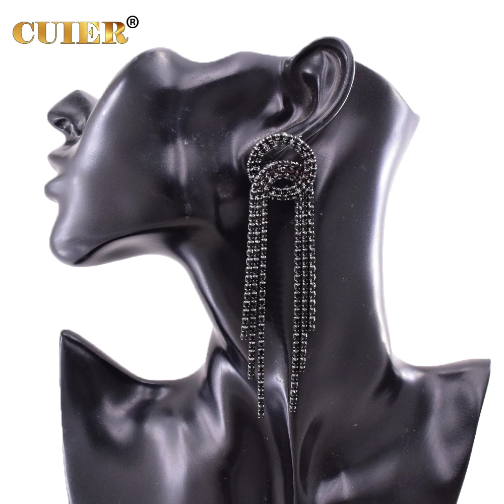 CUIER 10.3cm Minimalist and Classic Rhinestone Drop Tassel Earring for Women Rose Gold Black color for Wedding Accessories