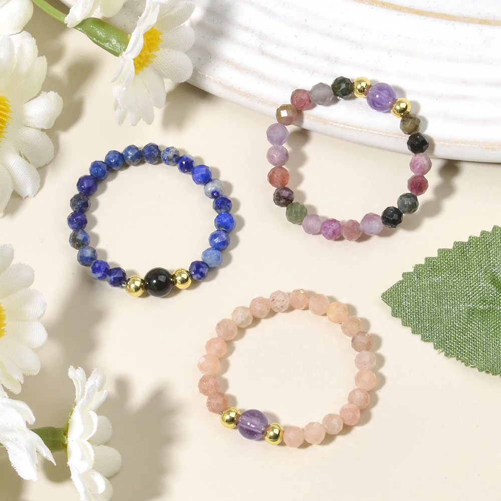 Wholesale Assorted Colors Natural Stone Garnet Lapis and Black Obsidian Beads Stretchable Ring Bohemian Casual Women Jewelry