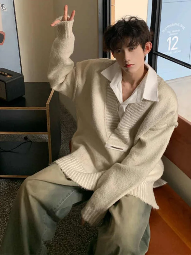 

Мужской свитер оверсайз с V-образным вырезом, американский премиум-класс, для пар, цвета нектара, в стиле lazy style, с низким вырезом, повседневный, комфортный