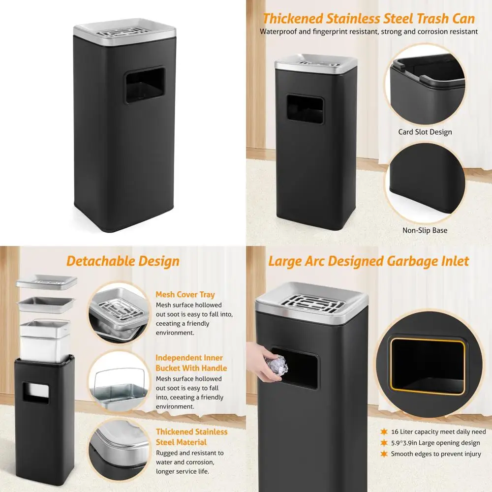 

Stainless Steel 4 Gallon Outdoor Trash Bin with Removable Bucket and Lid, Ideal for Office Use and Commercial Spaces