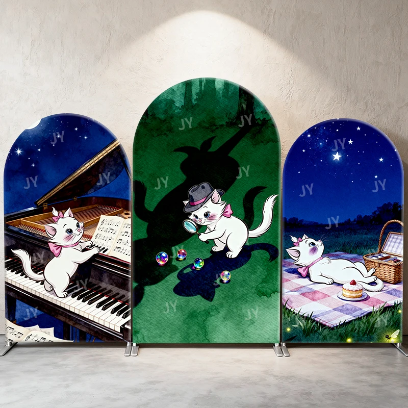 

Marie Cat Arch Backdrop Cover Piano Picnic Scene Cartoon Theme Kids Birthday Baby Shower Photo Booth Decor Background