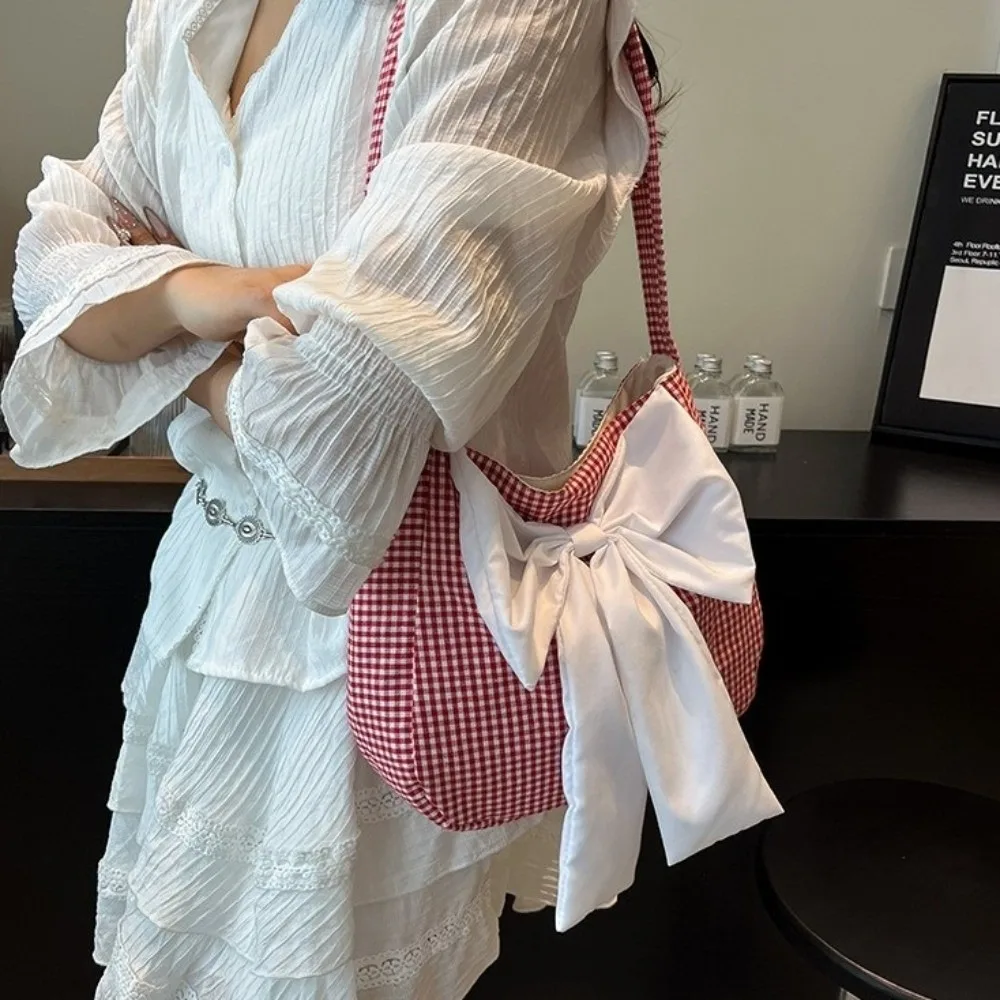 

Portable Lattice Bow Shoulder Bag Cloth Japanese Style Plaid Shoulder Bag Commuting Leisure Canvas Tote Bag Outdoor