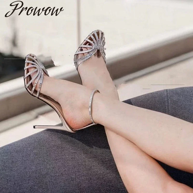 

Prowow сандалии на высоком каблуке с перекрещенными ремешками и кристаллами, женские серебряные банкетные туфли со стразами и вырезом на пятке, Zapatos Mujer