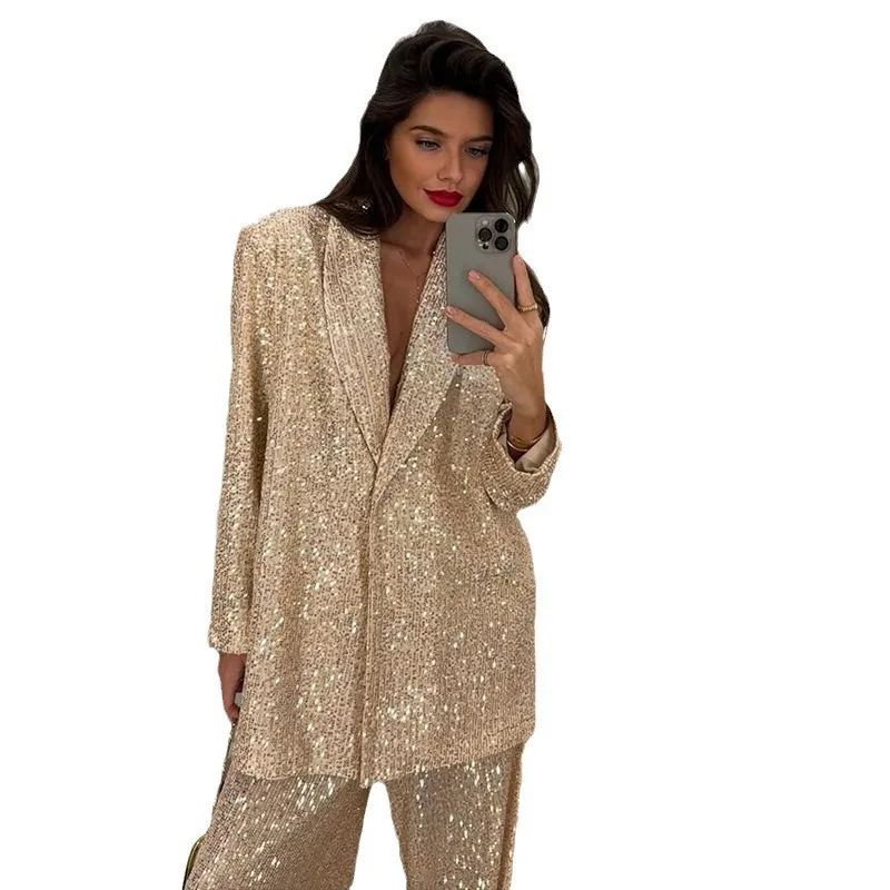 Women's Elegant Sequin Long Sleeve Solid Color Blazer Pantsuit Set Ladies Trouser Set with Patchwork Detail and Wide Leg Pants