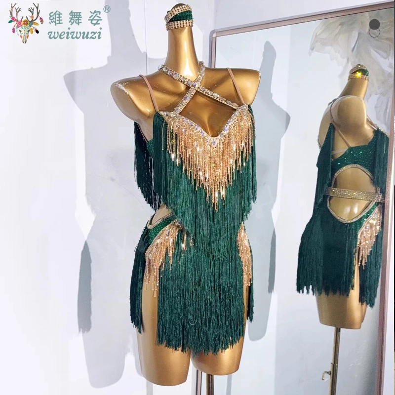 Latin Dance Splicing Fringe Dress Women Customsized Senior AB Stones Performance Clothing Tango Cha Dancing Professional Dresses