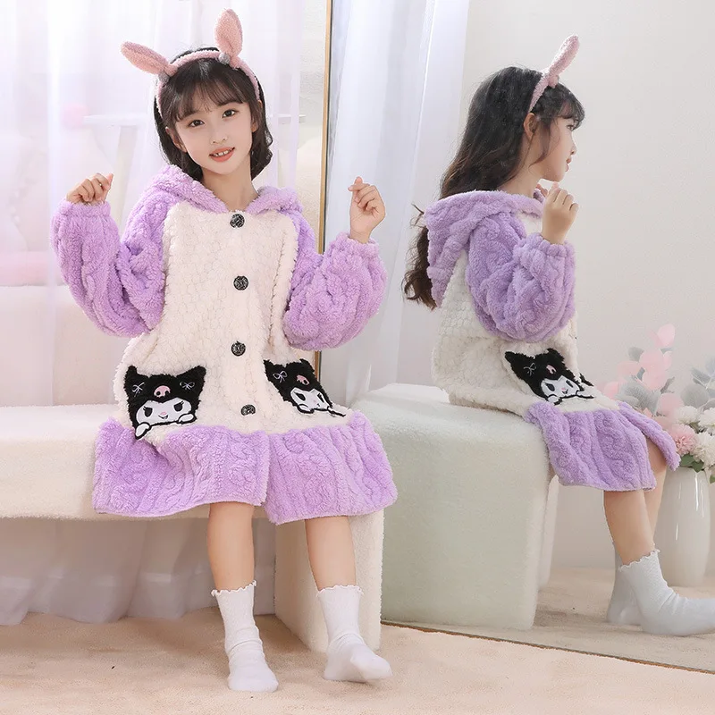 2024 New Kawaii Kuromis Children's Pajamas Winter Flannel Bathrobes Anime Tigger Nemo Mermaid Melodys Shaped Night-robe