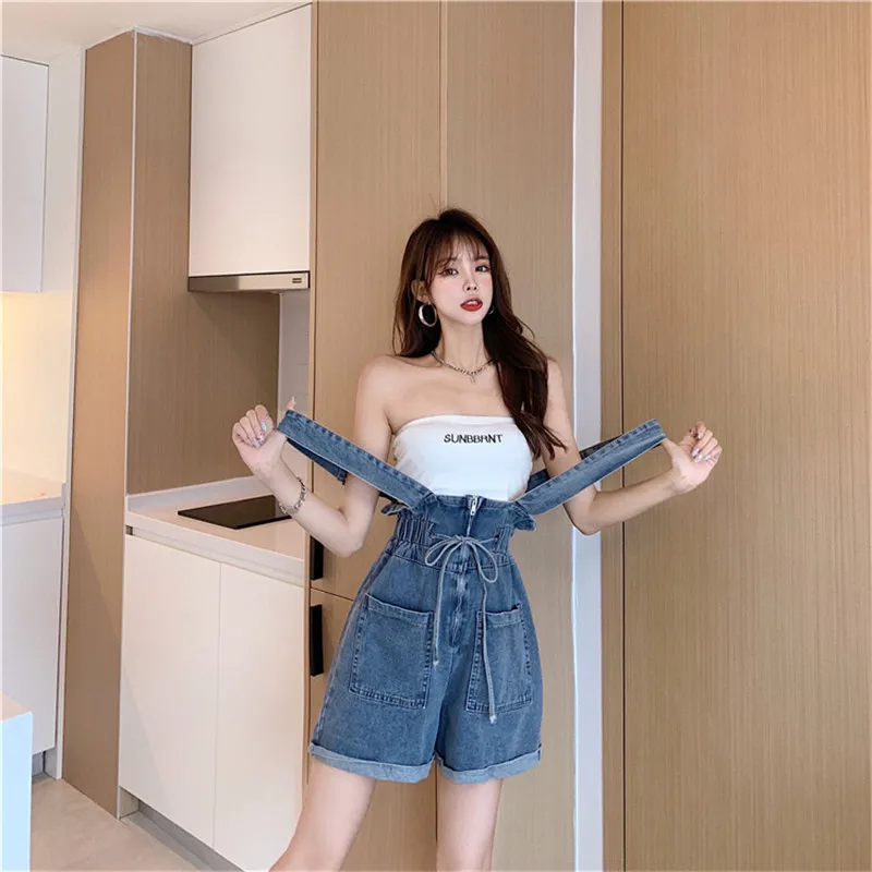 Blue Jumpsuits Women Suspenders Jeans Shorts Pocket Loose Sleeveless Rompers With Elastic Lady 2023 Summer Overalls Shorts