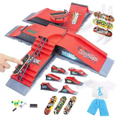 DIY Unassembled Professional Red Finger Skateparks Deck Training Props Interactive Freestyle Game 6-in-1 Skateboard Ramp Set