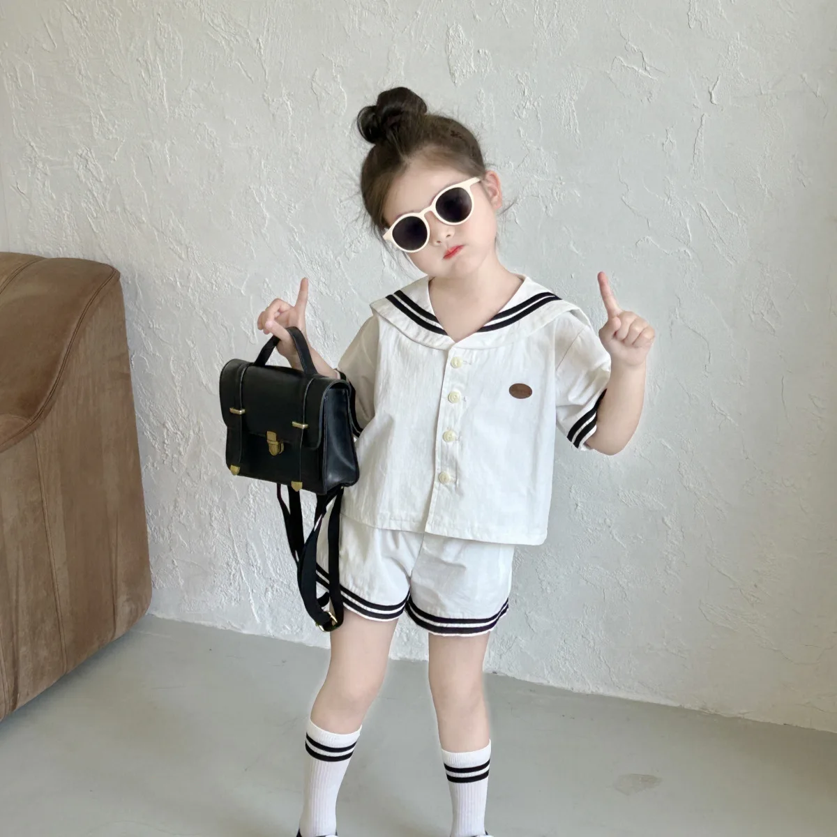 

Toddler Girls 2PCS Clothes Set Sailor Collar Short Striped Sleeve Ssingle Breasted Preppy Tops Loose Shorts Little Girl Outfits